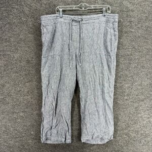 Per Se Cropped Pants Women 1X Plus Gray Striped High Rise Flat Front Linen